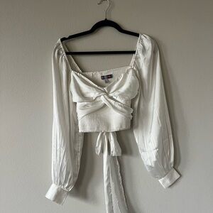 Urban Outfitters White Long Sleeve Tie Front Crop Blouse